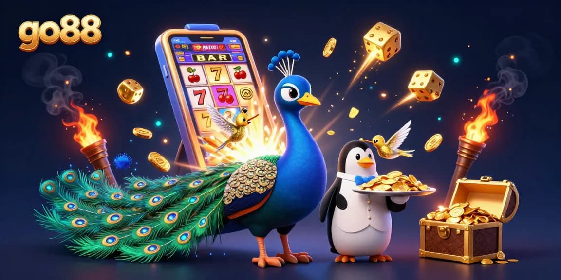 Experience thrilling gameplay at go88, featuring a vibrant 3D casino scene with an aristocratic peacock.