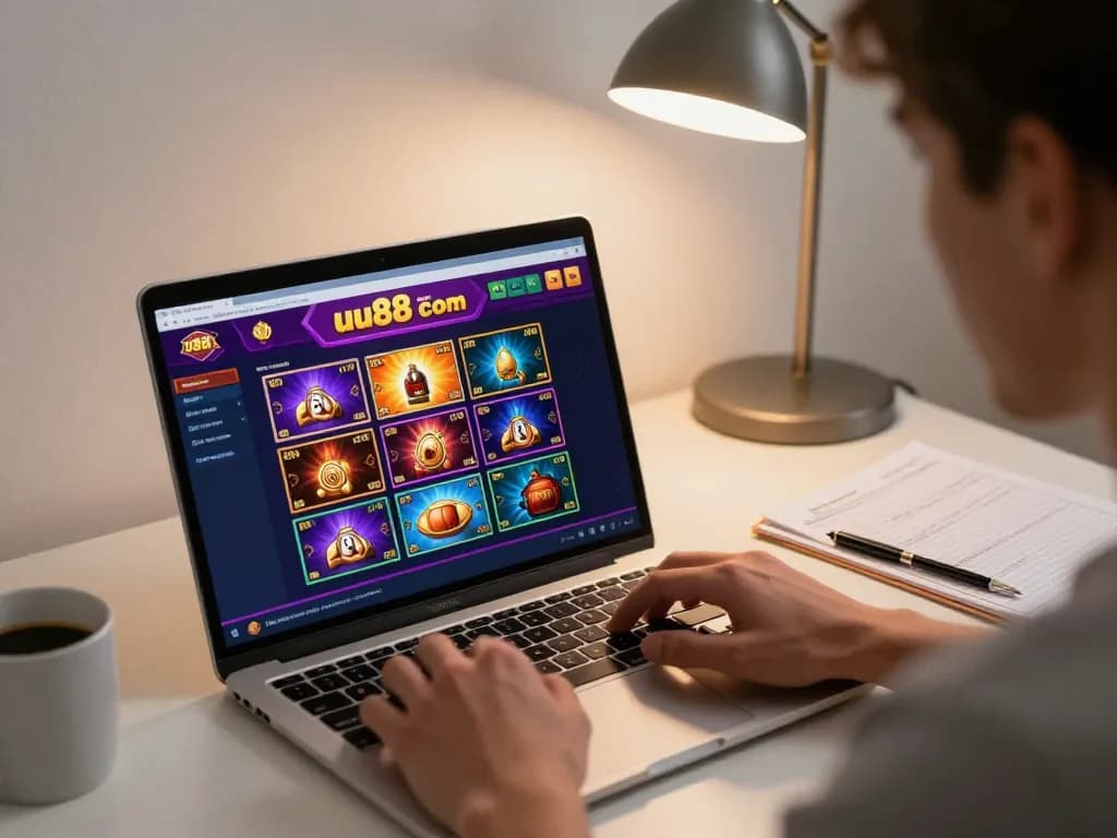 Engaging online gaming session at uu88 com featuring exciting casino graphics and a focused player.