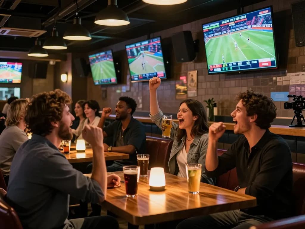 Socolive offers live sports betting action with multiple screens displaying matches and excited patrons.