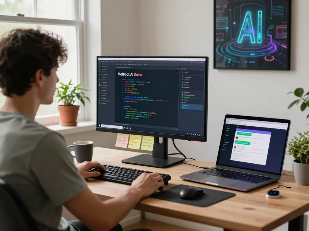 MoltBot AI enhancing productivity in a developer's home office with chat applications and inspirational decor.