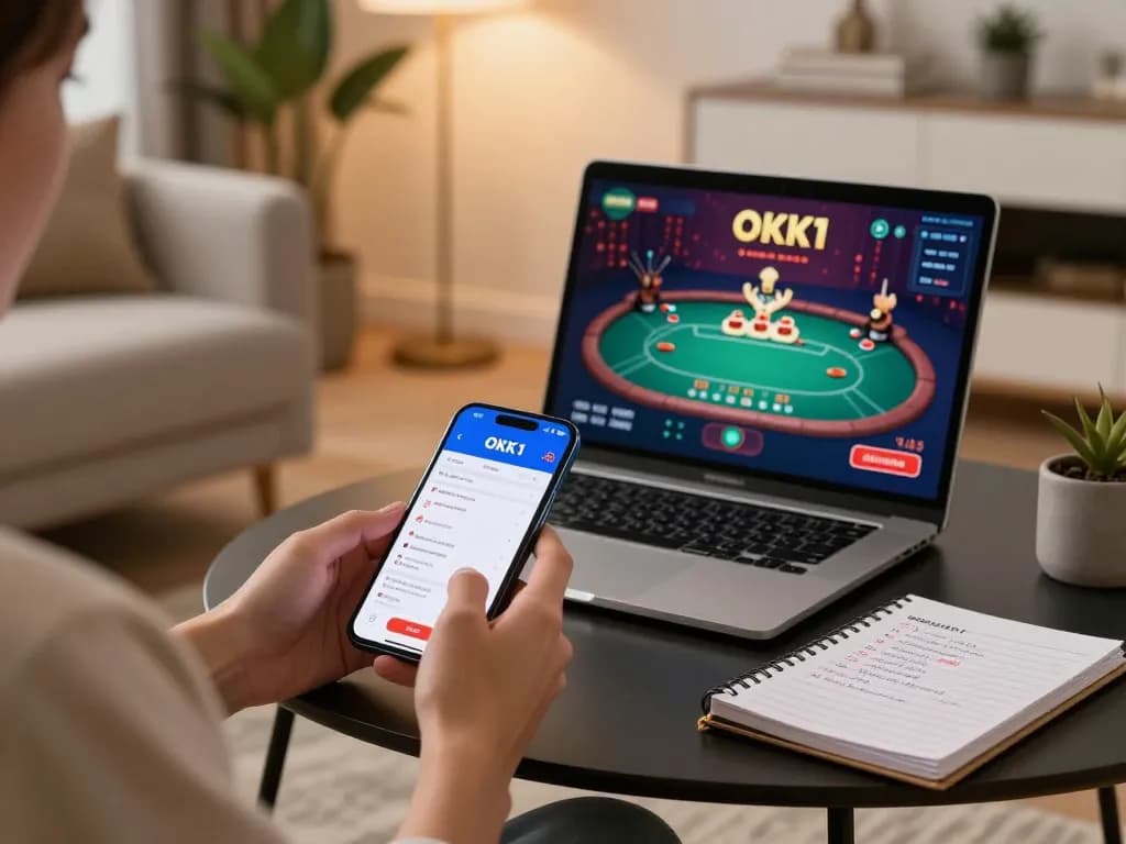 Person using okking1 mobile app for interactive casino gaming in stylish living room