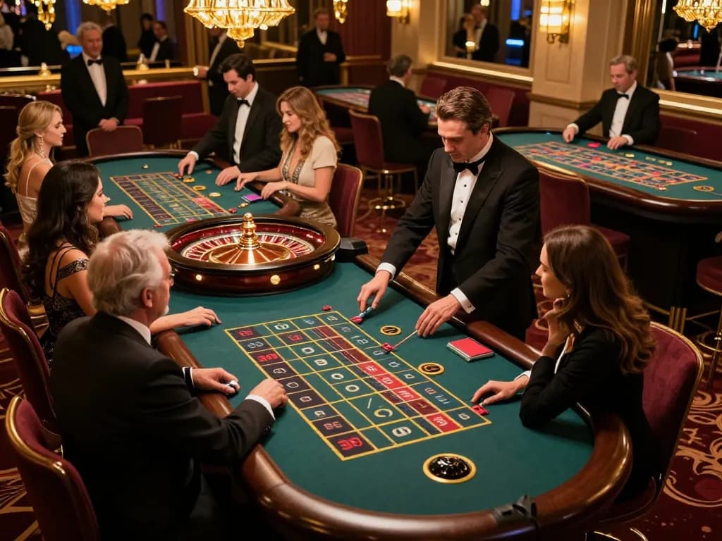 Players placing bets at a roulette table in a luxury casino, with vibrant atmosphere and excitement surrounding bu88.