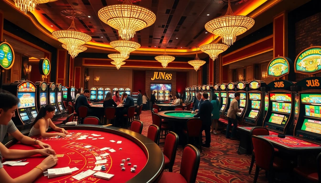 Players enjoying a thrilling game of cards at Jun 88 casino, surrounded by vibrant slot machines.