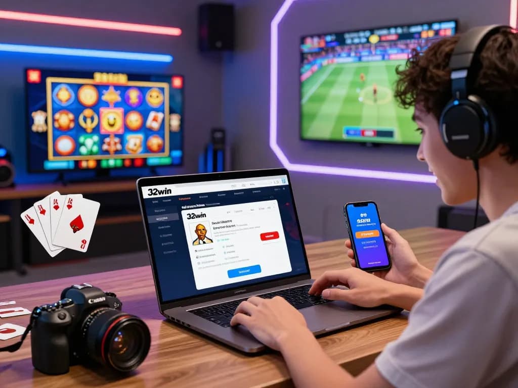 Engaged gamer on 32win platform, vibrant betting scene with laptop, colorful slot games, and live sports.
