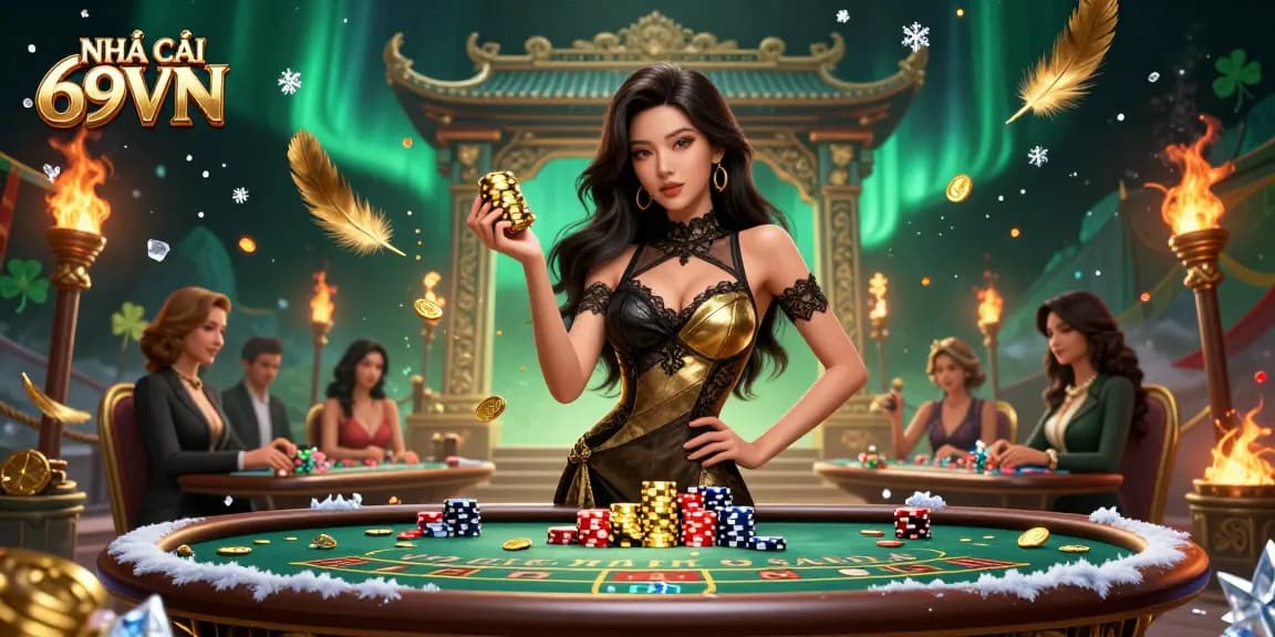 Engage in thrilling high-stakes gaming at NHÀ CÁI 69VN, featuring a stunning baccarat scene filled with luxury.