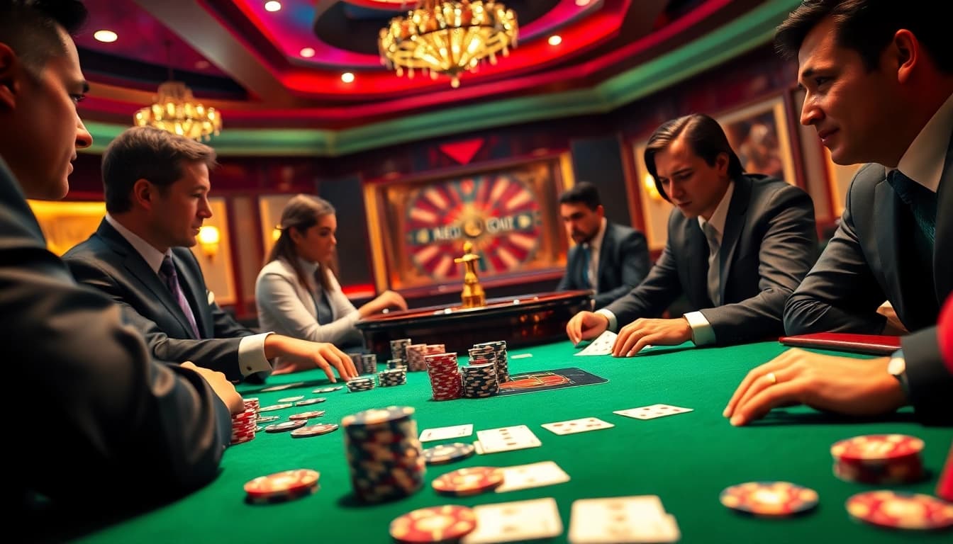 Kèo Nhà Cái sports betting slips on a luxurious poker table at a vibrant casino.