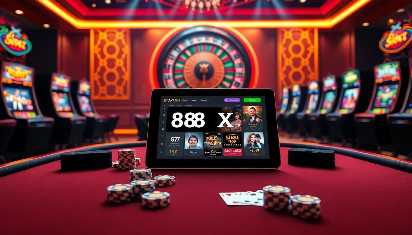 Experience the excitement of 88XX BET at a luxurious poker table, featuring vibrant slot machines and an engaging online interface.
