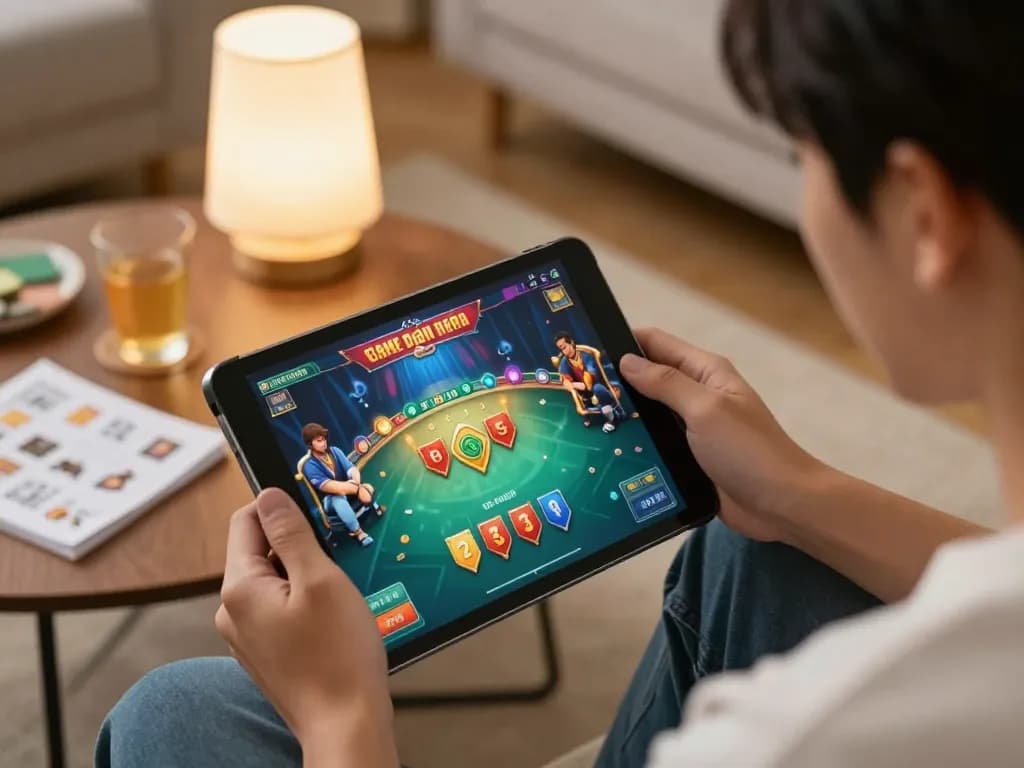 Engaging online Game đánh bài đổi thưởng session demonstrating strategy in a cozy living environment.