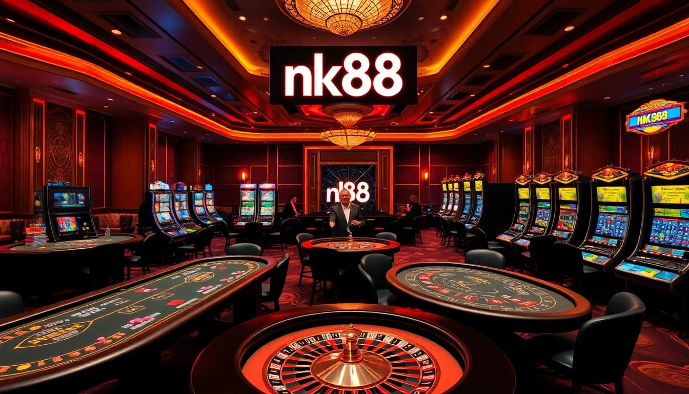 Playing exciting games at nk88 casino with vibrant chips and roulette wheels.