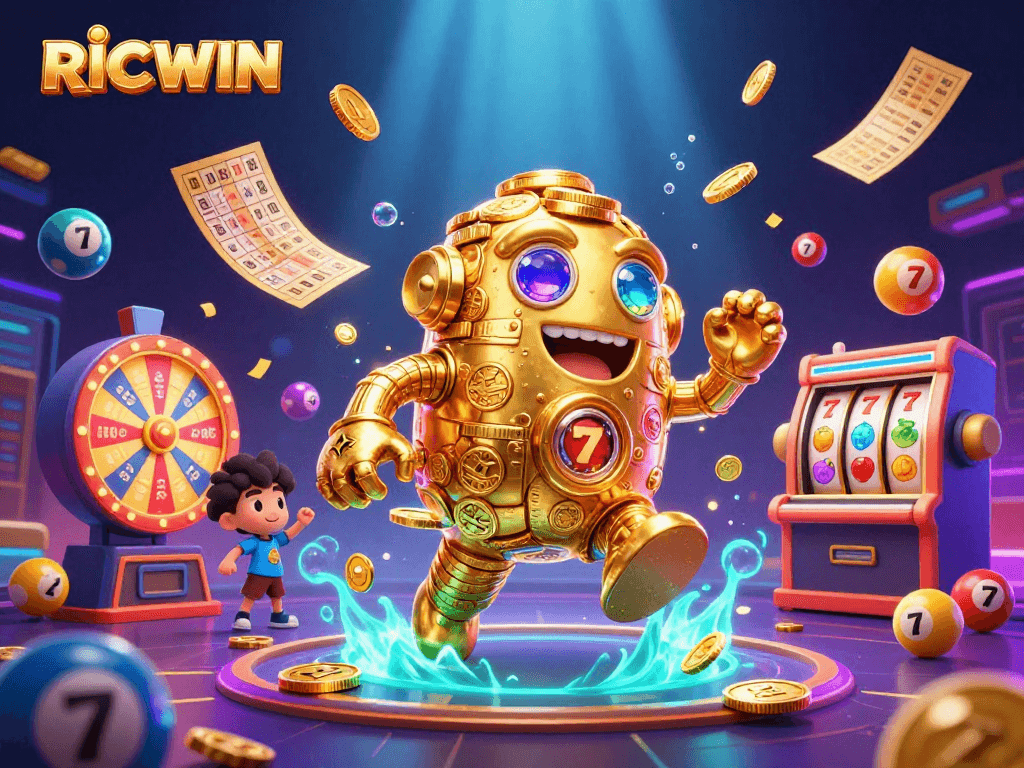 Experience the excitement of RICWIN with a vibrant casino scene featuring a golden golem and dynamic game elements.