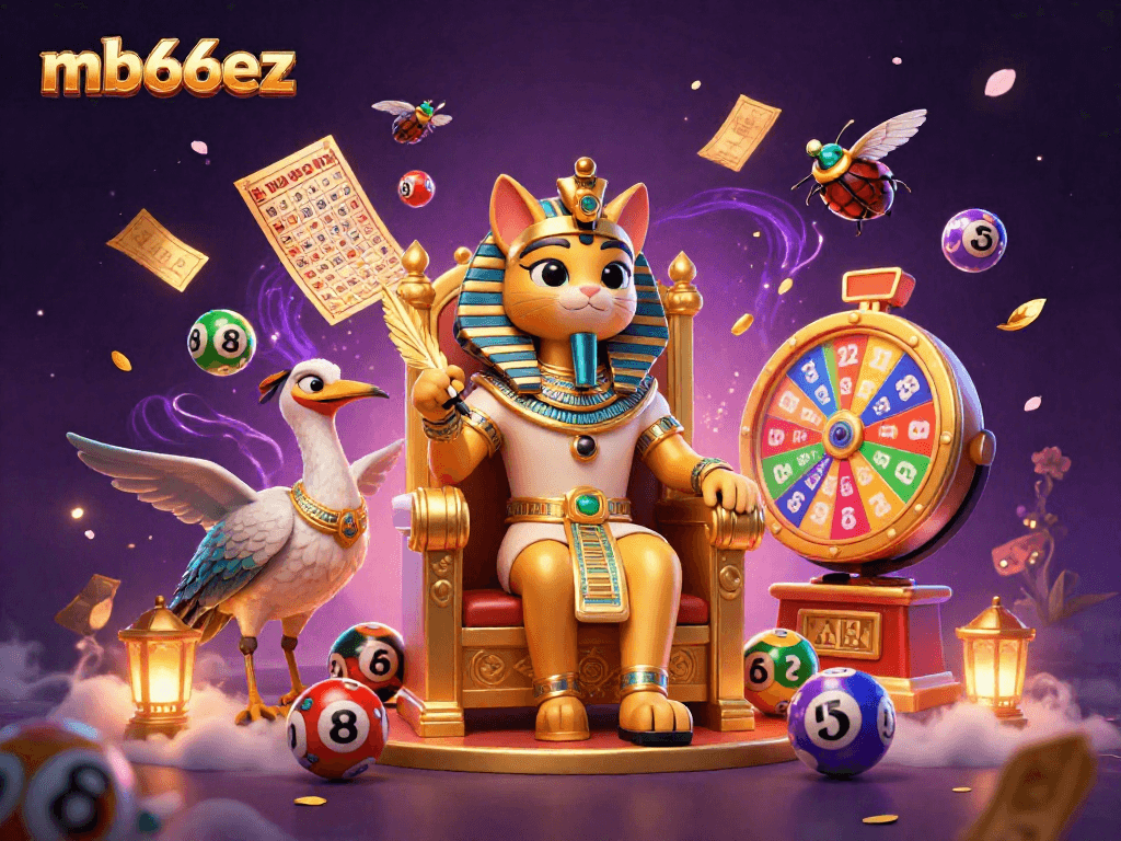 mb66ez prize-winning animals illustration featuring a 3D Egyptian pharaoh cat and scribe amidst lottery elements.