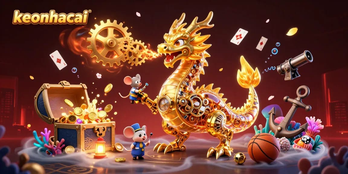 Engage with keonhacai's immersive gaming scene showcasing a golden dragon and underwater treasures.