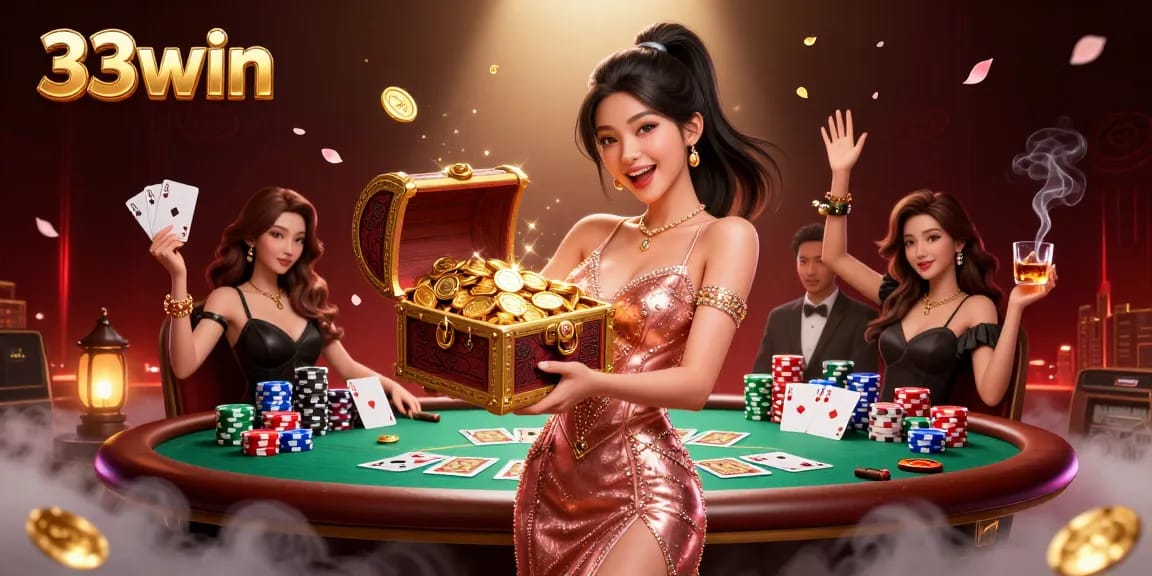 A stunning 3D depiction of 33win showcasing a joyfully excited player winning at a poker table with treasures.