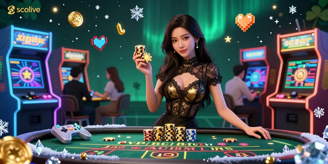 Socolive delivers high-stakes baccarat action with stunning visuals and golden casino chips in this vibrant scene.