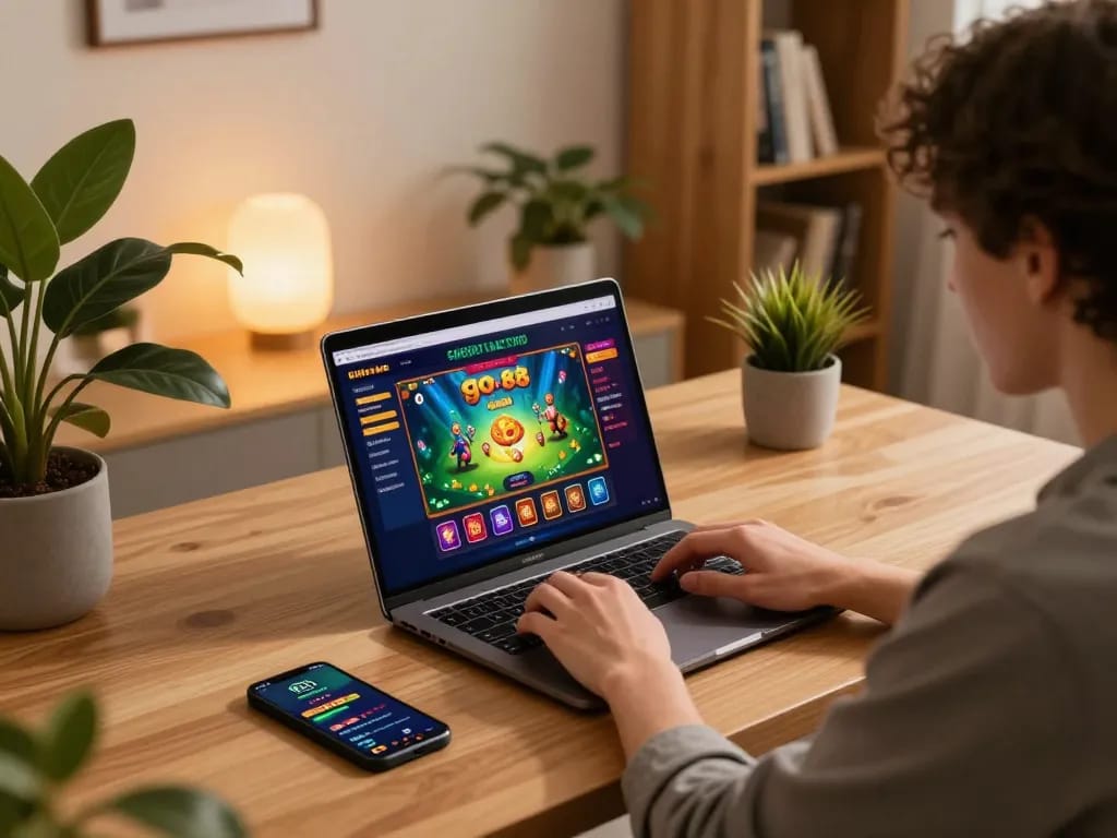 Player engaging with the go 88 casino app on laptop, showcasing an exciting online gambling experience.