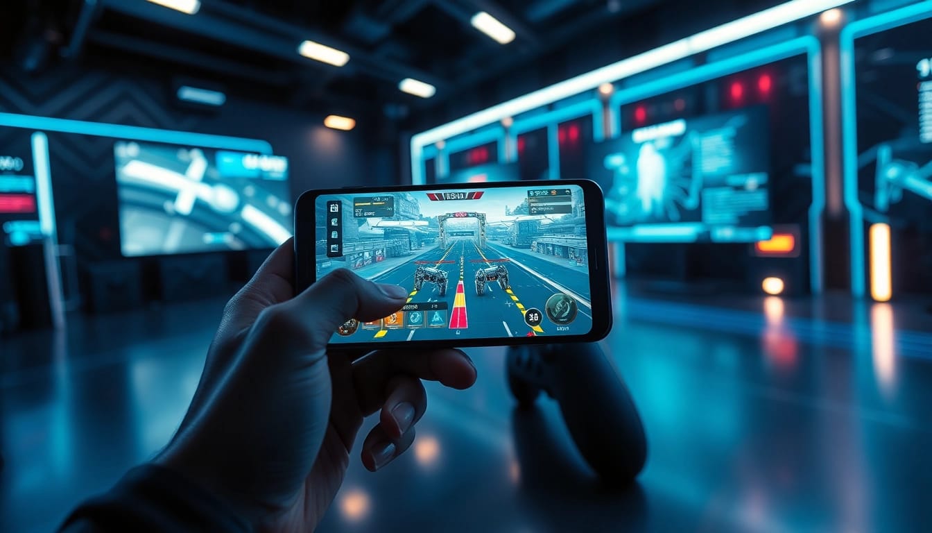 The Samsung S8 showcasing innovative mobile gaming with a dynamic interface in a modern tech environment.
