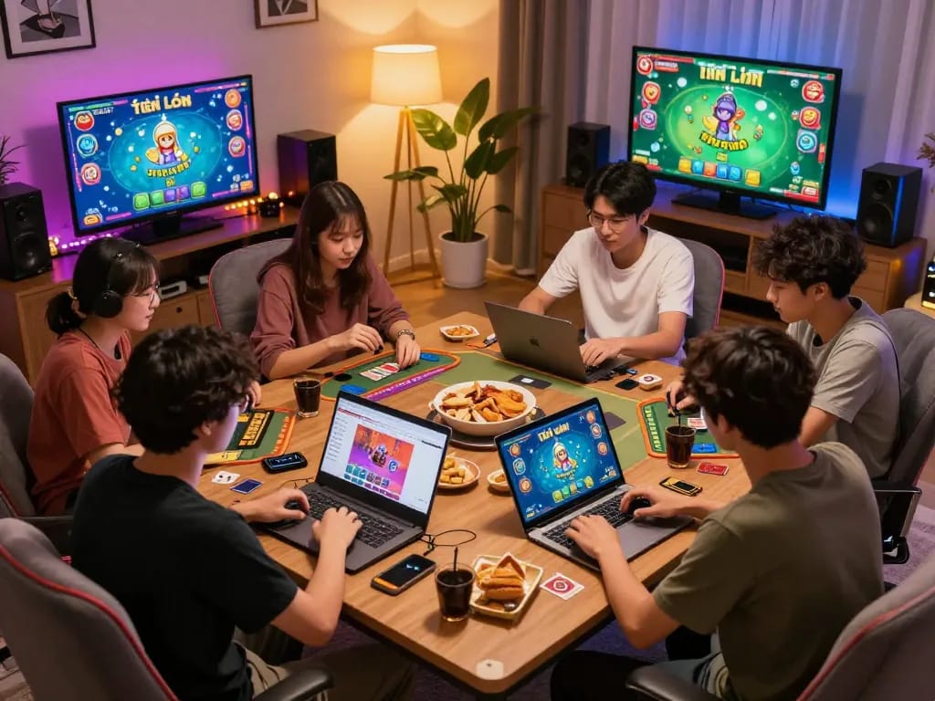 Engaged players enjoying Game bài online in a cozy living room with vibrant game interfaces.