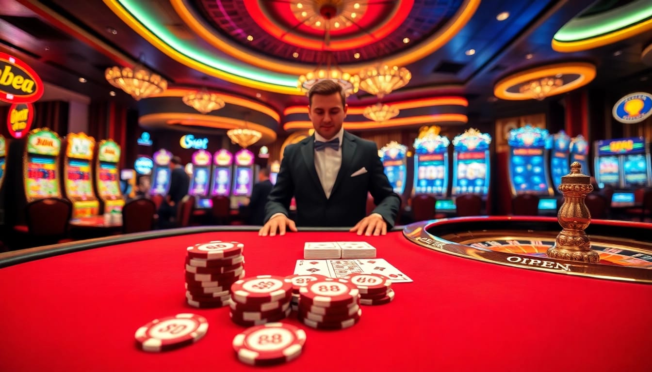 Engage in high-stakes poker at OPEN 88's luxurious casino, featuring colorful chips and thrilling roulette.