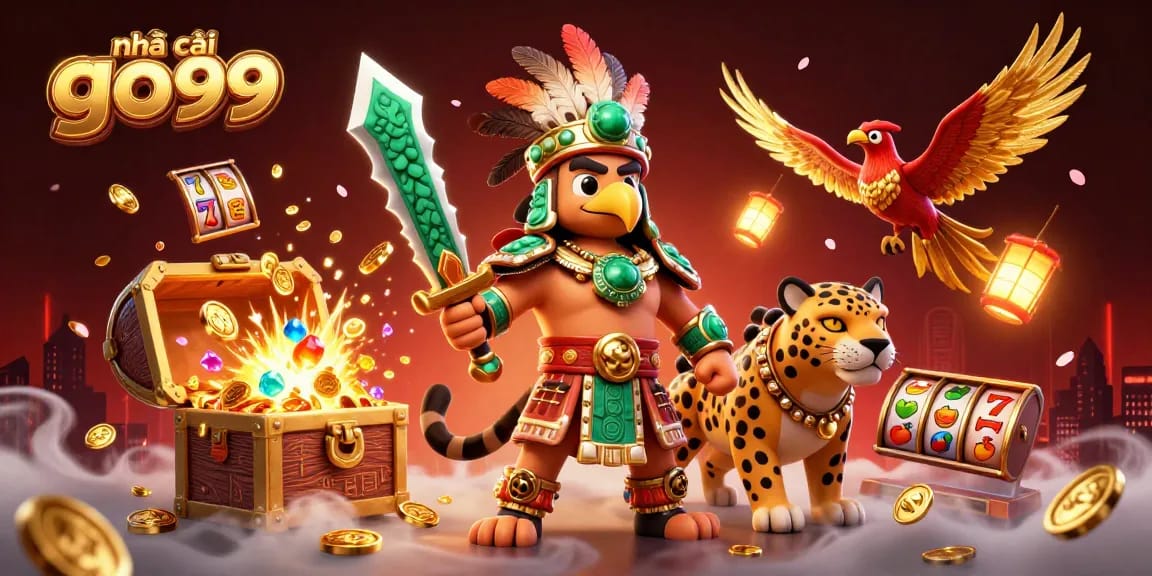 Engage with nhà cái go99 in this vibrant casino scene featuring Aztec warriors and slot game elements.