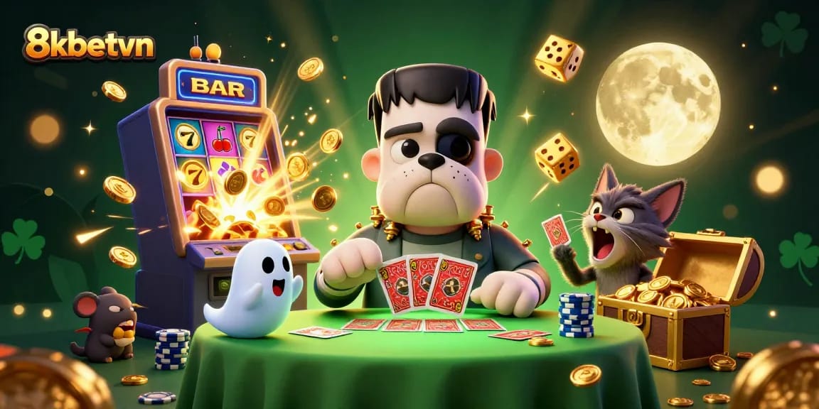 Engage with the thrilling energy of 8kbetvn at a vibrant casino scene featuring charismatic characters and dynamic game elements.