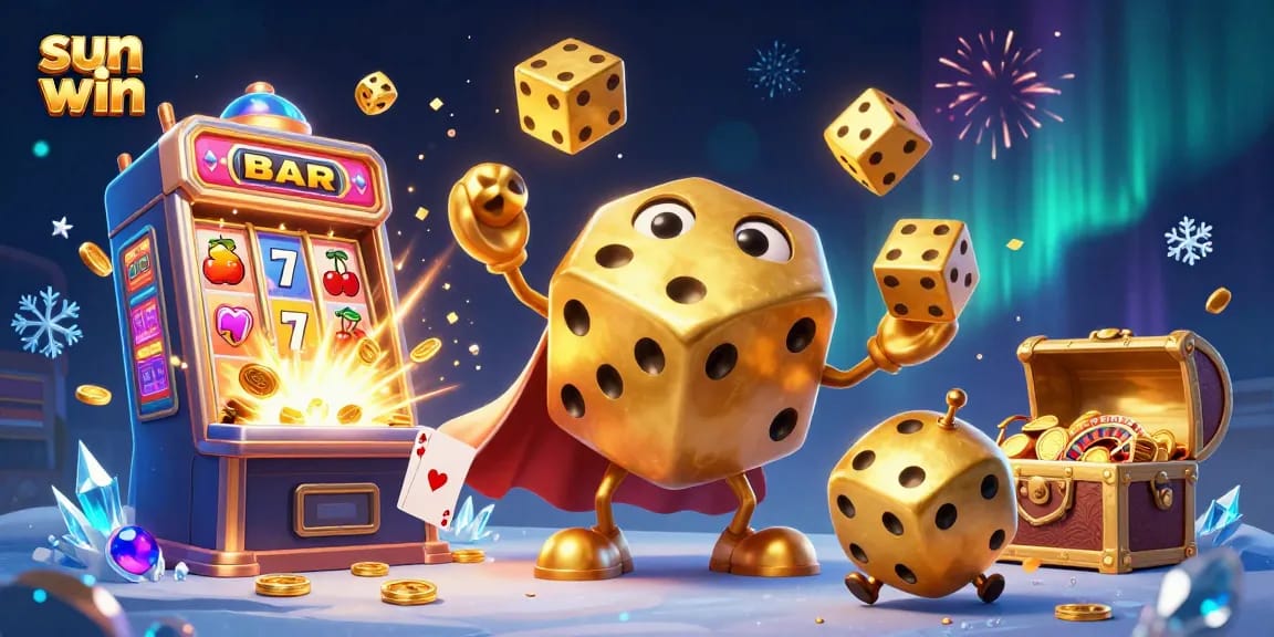 Experience sun win adventure with golden dice characters and dynamic casino elements in a vibrant scene.