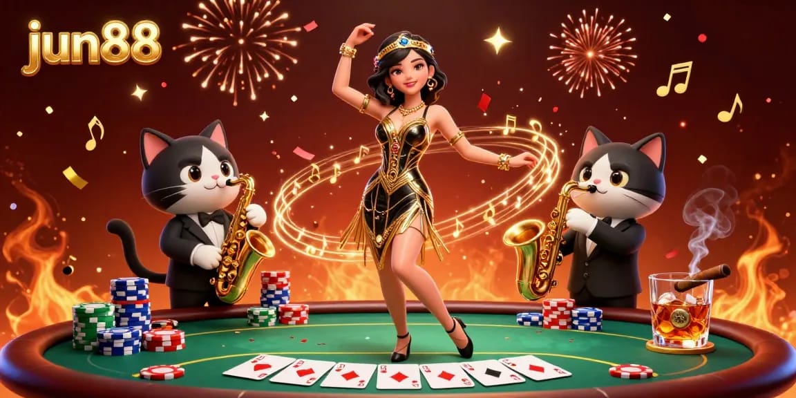 Experience the thrill of jun88 with an energetic scene of card game excitement amidst a lavish celebration.