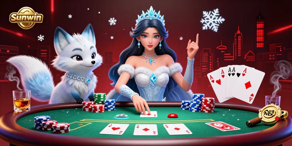 Experience thrilling poker moments at Sunwin with vibrant chip stacks, luxury tables, and an enchanting ice queen.