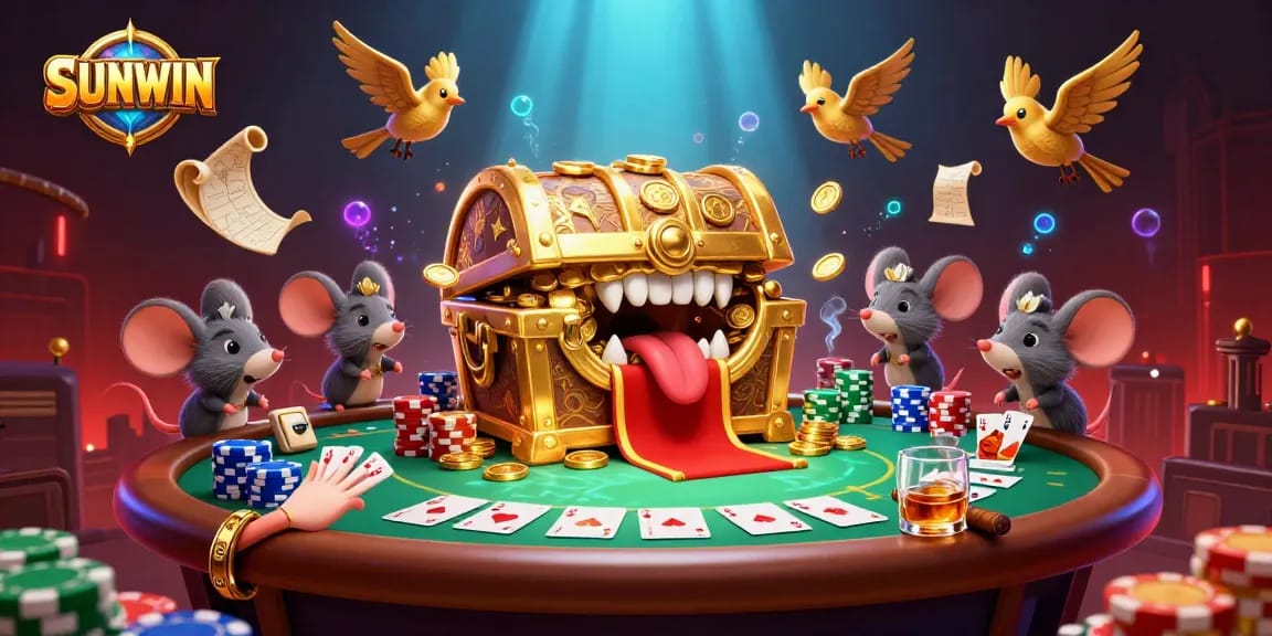 SUNWIN engages players with a vibrant casino scene featuring a golden treasure chest and poker elements.