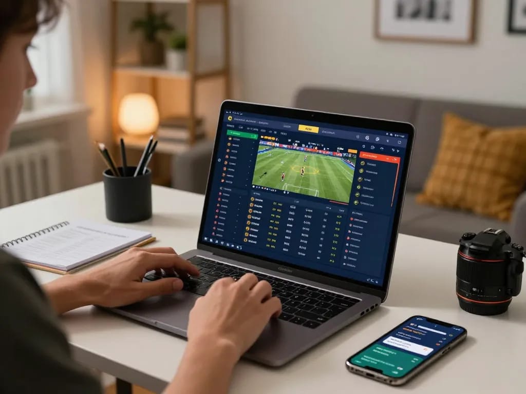 Engaging in online sports betting with debet interface on laptop, showcasing strategic gameplay.