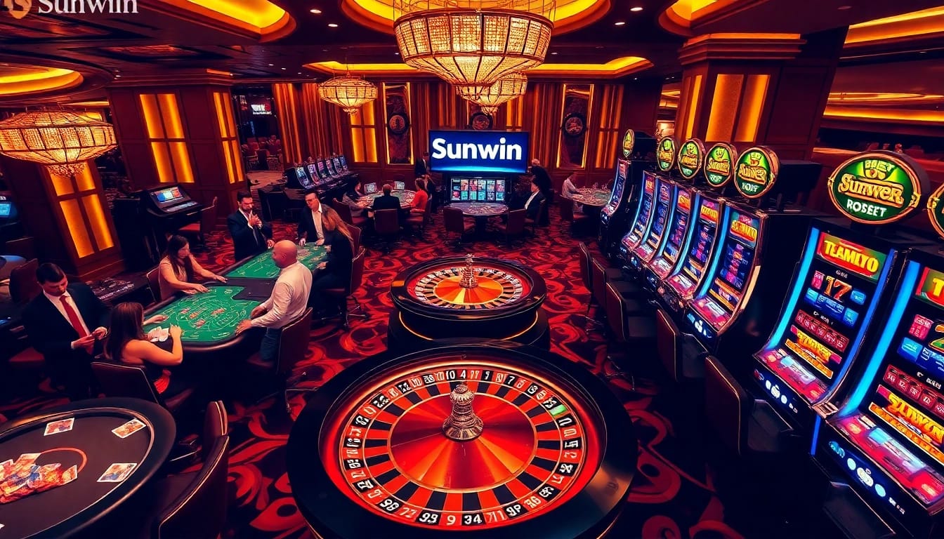 Engaged players enjoying the thrill of casino games at sunwin with vibrant roulette and poker tables.