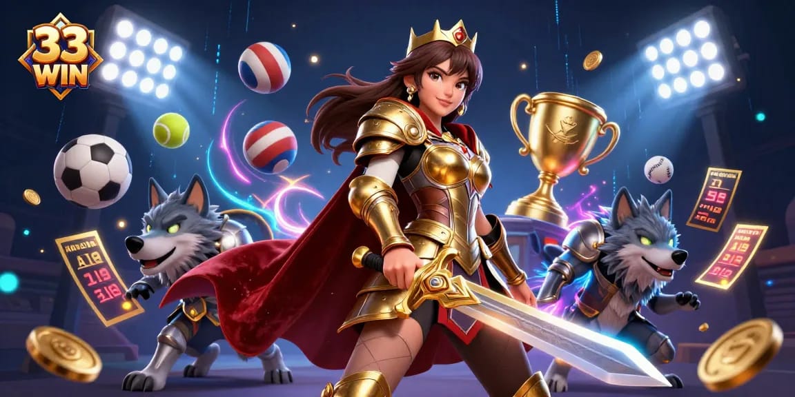 Engage with thrilling sports action at 33 WIN with vibrant visuals of a warrior queen and her wolf companion.