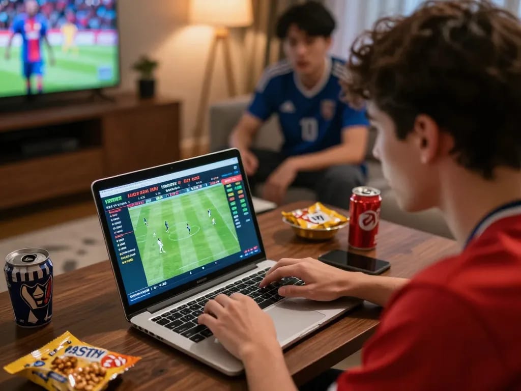 Bongdalu sports betting session with user engaged in live football odds analysis at home.