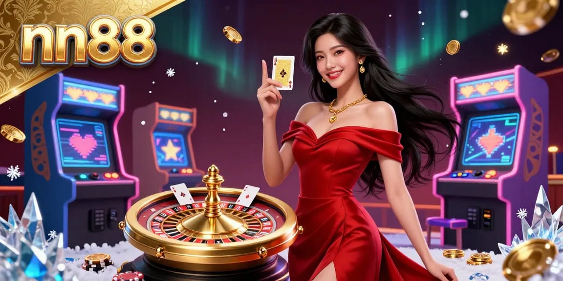 Engage in thrilling casino action with nn88, featuring a confident Asian woman and dynamic gaming elements.