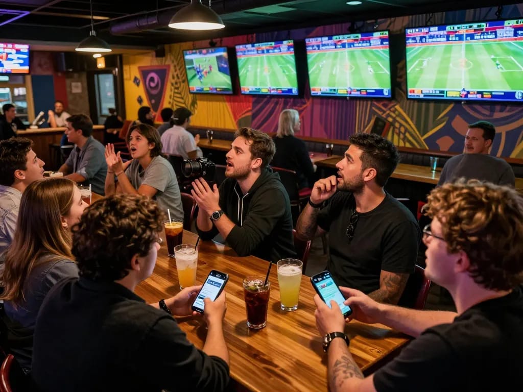 Exciting sports betting atmosphere at https://123bz.uk.net/ with fans using apps and watching live games.