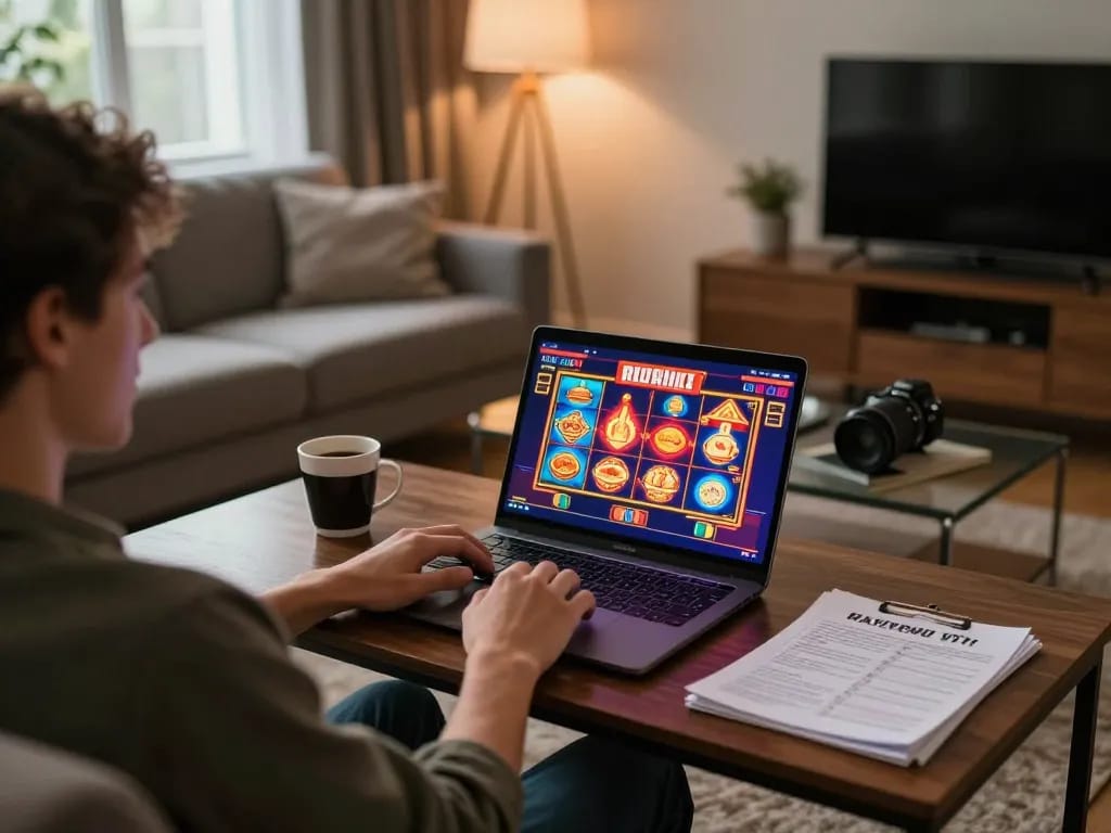 Player enjoying 92slot online casino games, showcasing stylish laptop setup and cozy ambiance.