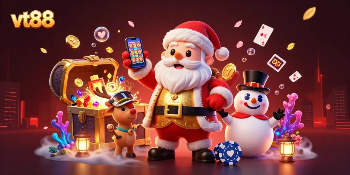 Spin to win at vt88 with a vibrant 3D casino scene featuring jackpot slots and festive characters.