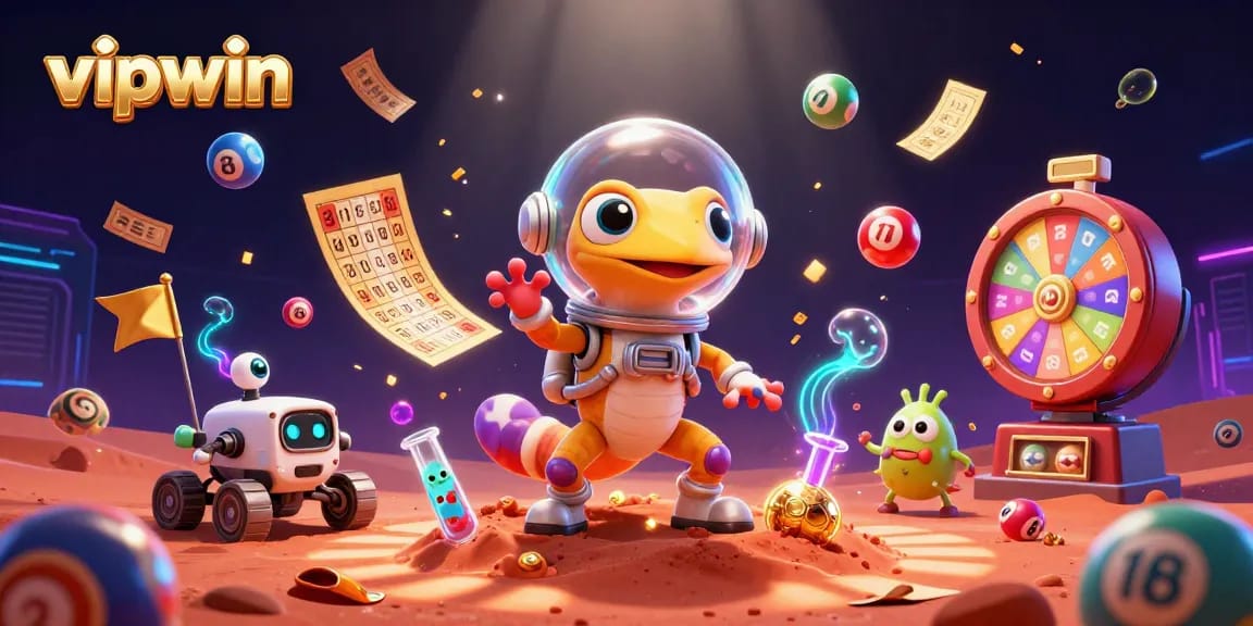 Engage with vipwin in a vibrant casino scene featuring a Martian gecko and dynamic gaming elements.
