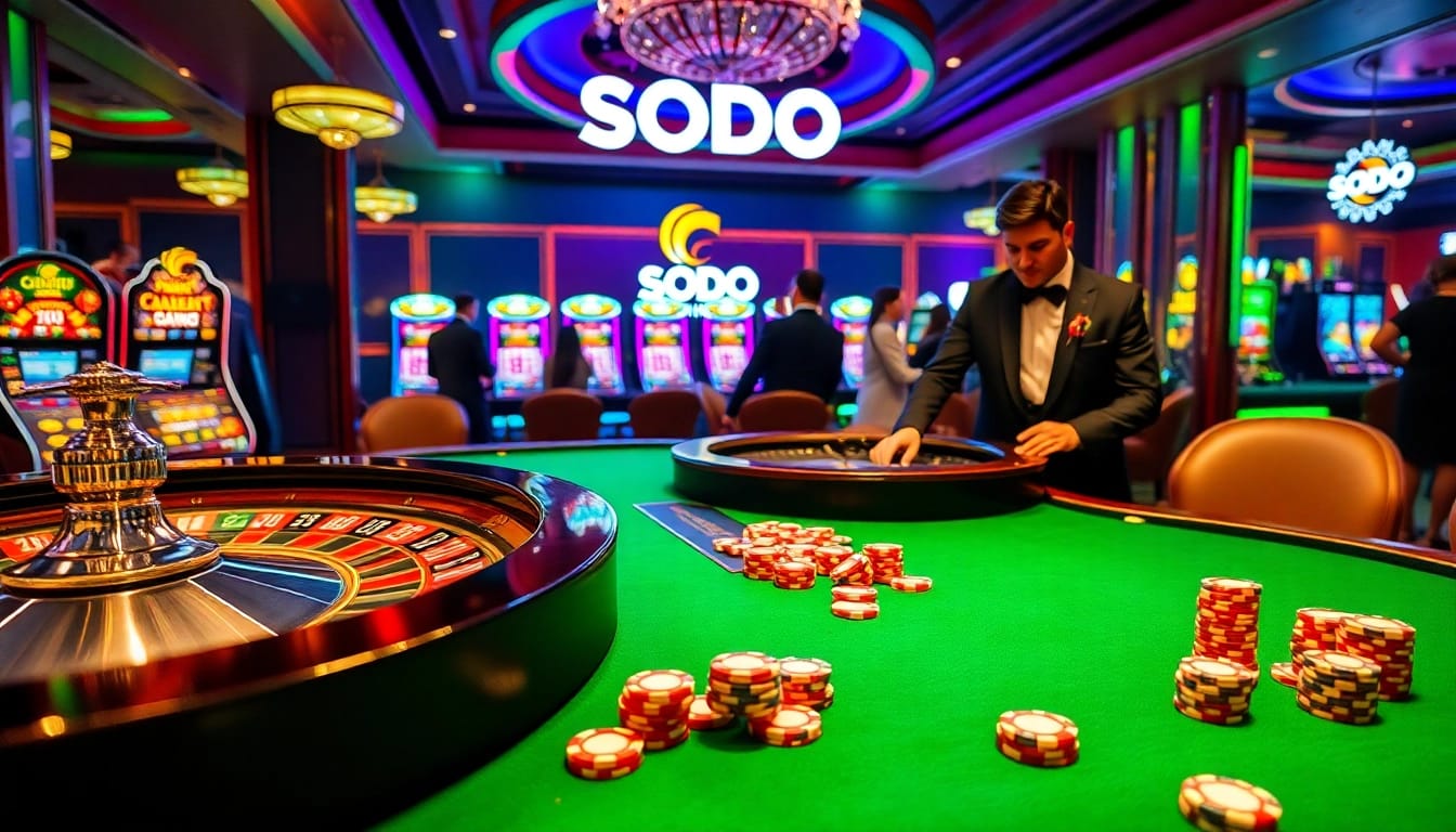 Players enjoying a thrilling game of blackjack at SODO Casino, surrounded by poker chips and luxury decor.
