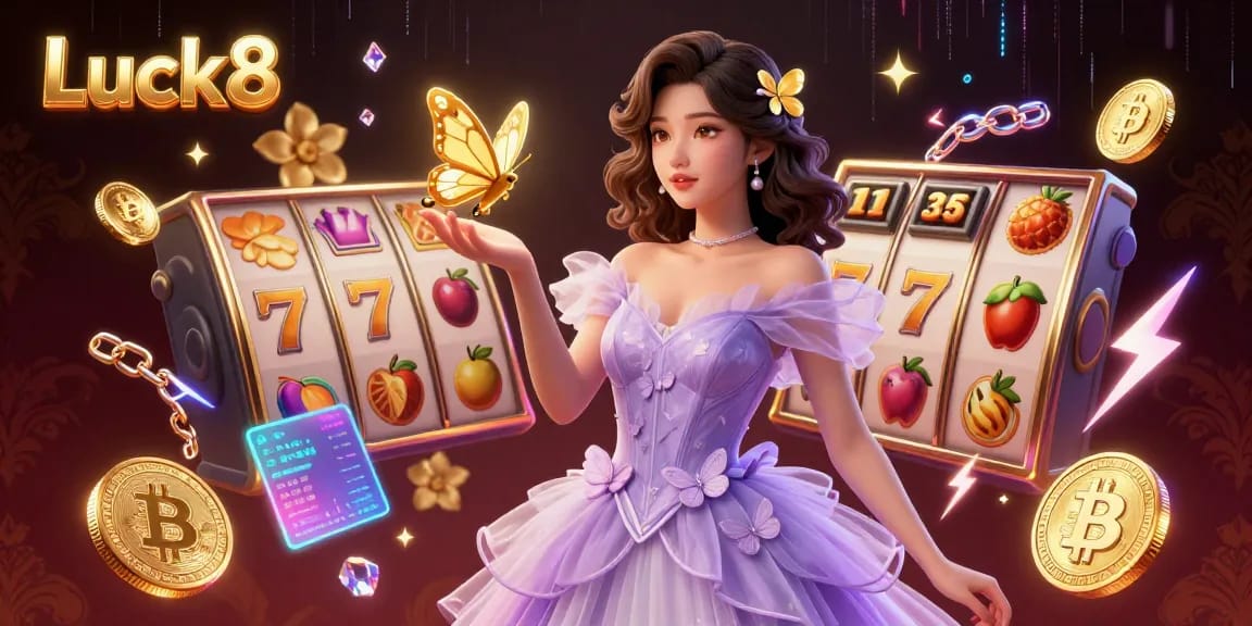 Experience your luck at Luck8 with vibrant slot game elements illuminating the scene.