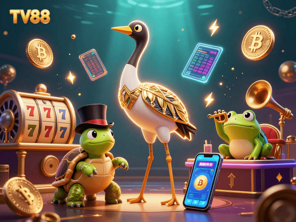 Play dynamic games at TV88 with a vibrant 3D illustration showcasing exciting gambling elements.