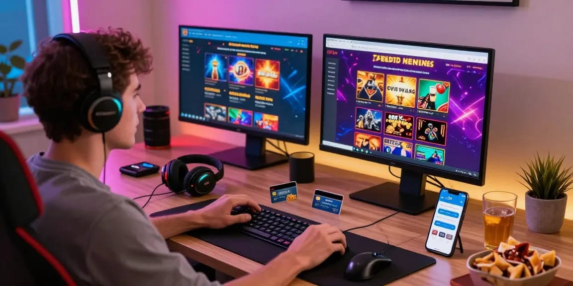 Credit card casinos UK gaming setup with player enjoying online slots and live dealer games.