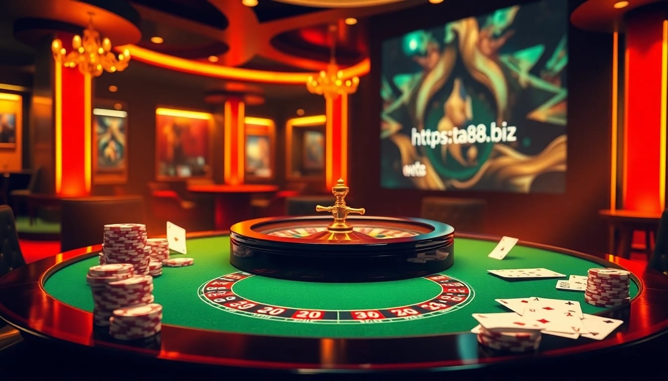 Experience thrilling bets at https://ta88.biz/ with vibrant casino tables, cards, and poker chips.