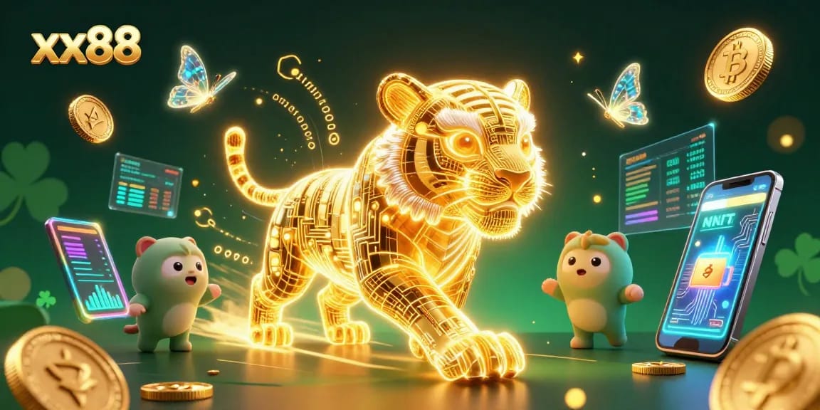 Engage with xx88's vibrant digital casino featuring a golden tiger and crypto-themed elements.