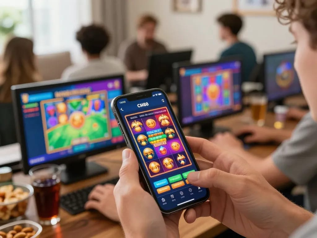 Players engaging on trang chủ CM88 online casino app at home with snacks and casual atmosphere