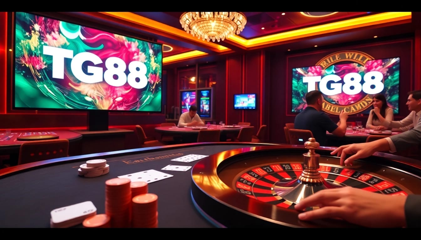 An engaging scene of gamblers enjoying gameplay at Nhà cái TG88, featuring poker chips and a roulette wheel.