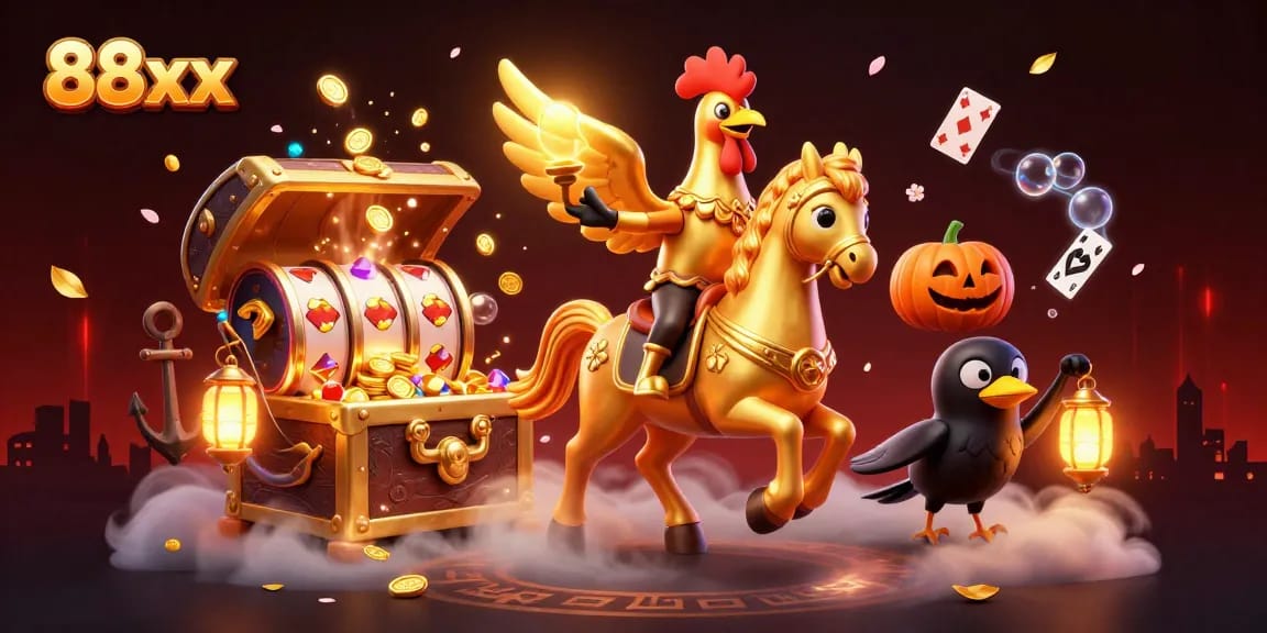 Experience the thrill of winning at 88xx as the golden rooster gallops through a magical casino scene.