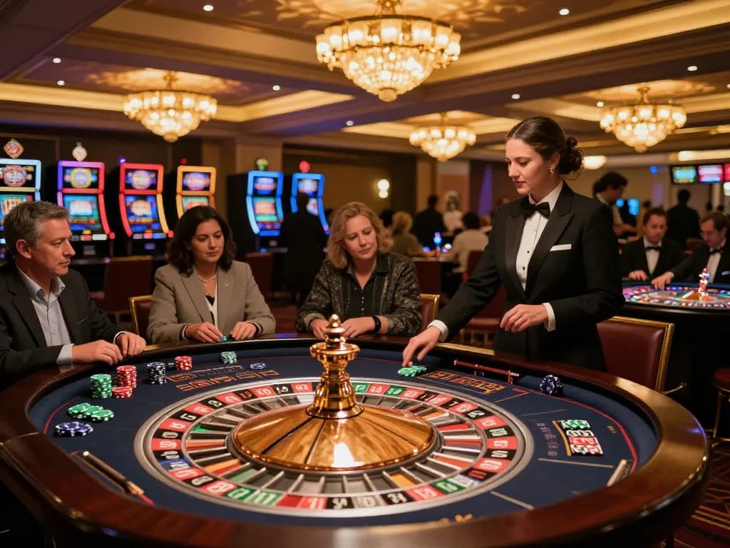 Experience the thrill of Game Bài Đổi Thưởng at an upscale casino with players engaging in roulette