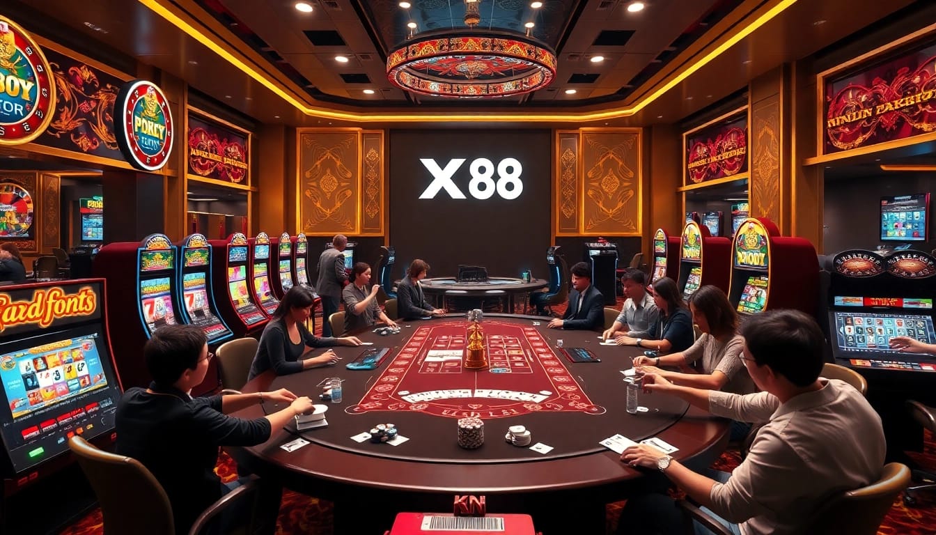 XN 88 players engaging at a vibrant casino table, surrounded by colorful slot machines and poker chips.