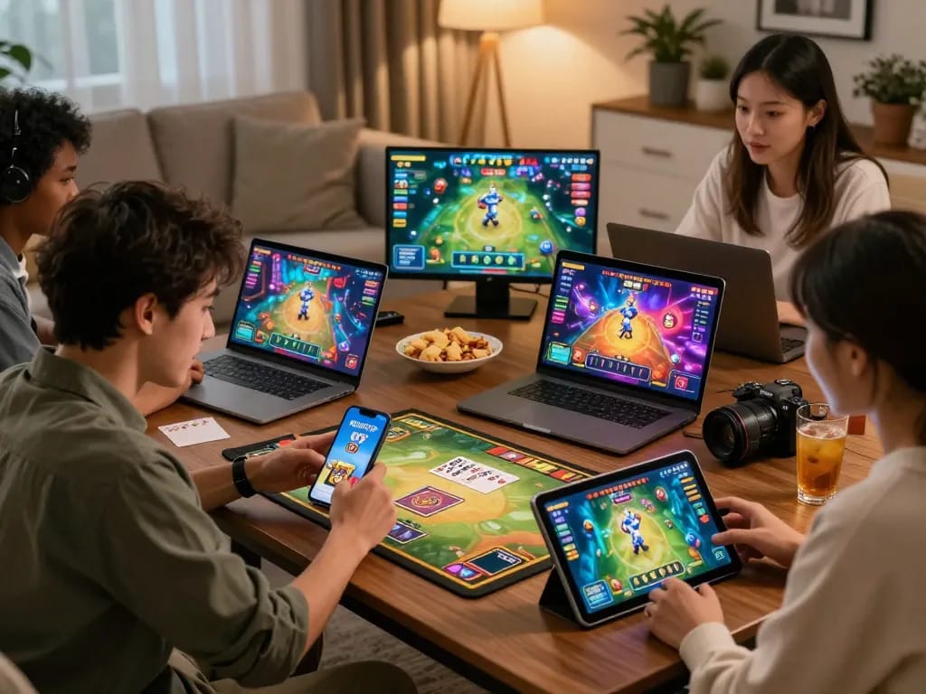 Exciting RIKVIP gaming experience with diverse players enjoying card games on various devices in a cozy living room.
