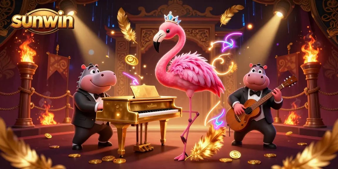 Win big with sunwin at this vibrant casino illustration of a flamingo singer and hippo bassist.